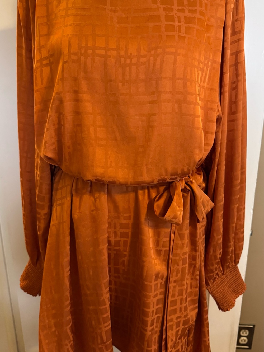 Flying Tomato Burnt Orange Satin Tie-Waist Long Sleeve Dress